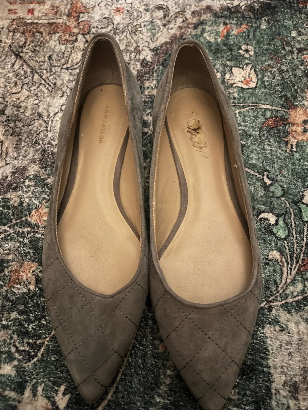 Ann Taylor Quilted Pointed-Toe Suede Flats in Taupe Gray